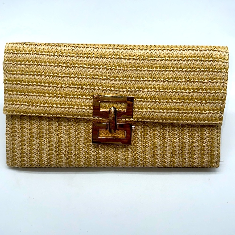 Bohemian Straw Weave Gold Hardware Clutch Purse - Picture 4 of 8